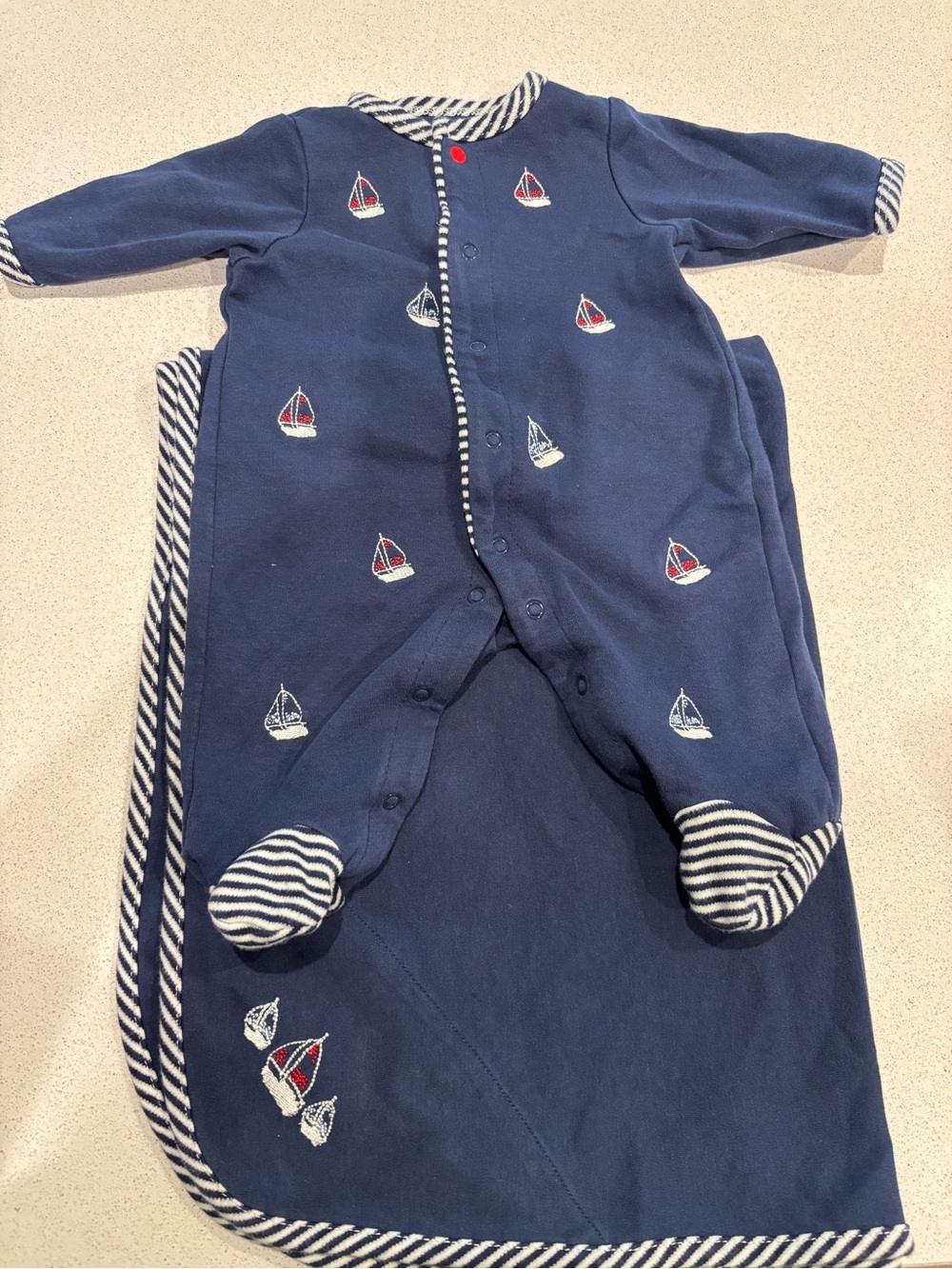 Little Me Navy Sailboat Footed Pajamas with Blanket with Striped Trim
